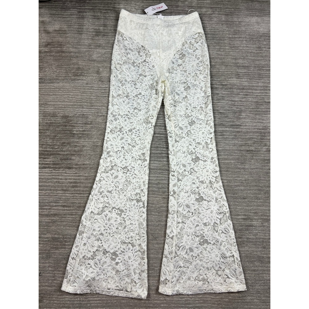 D&M Lace Pants Women Large White Floral Flare High Rise Sheer Festival Trousers